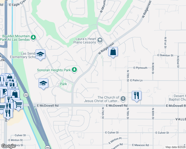 map of restaurants, bars, coffee shops, grocery stores, and more near 3047 North Sawyer in Mesa