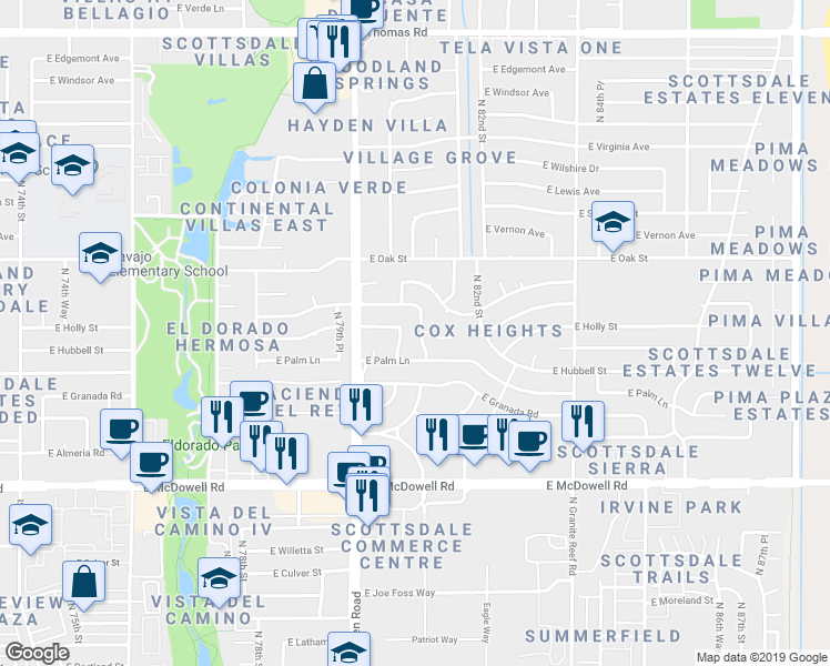 map of restaurants, bars, coffee shops, grocery stores, and more near 8122 East Hubbell Street in Scottsdale