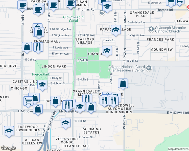 map of restaurants, bars, coffee shops, grocery stores, and more near 2047 North 49th Place in Phoenix