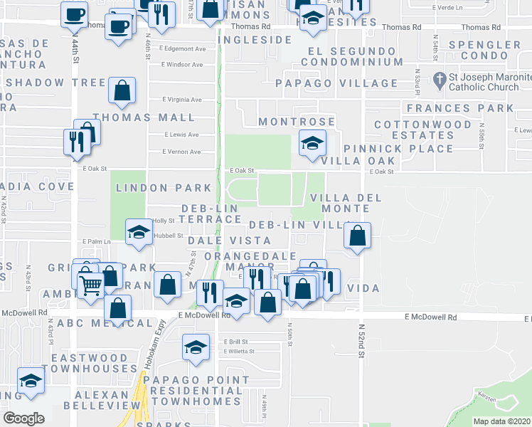 map of restaurants, bars, coffee shops, grocery stores, and more near 2047 North 49th Place in Phoenix