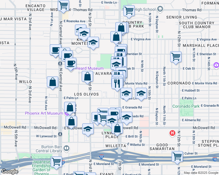 map of restaurants, bars, coffee shops, grocery stores, and more near 363 East Monte Vista Road in Phoenix