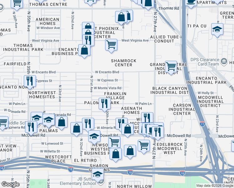 map of restaurants, bars, coffee shops, grocery stores, and more near 2909 West Monte Vista Road in Phoenix