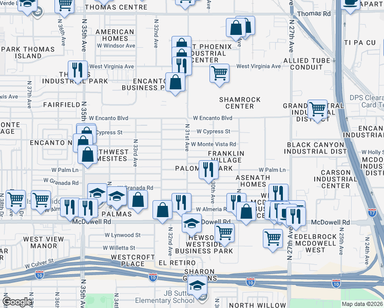 map of restaurants, bars, coffee shops, grocery stores, and more near 3031 West Monte Vista Road in Phoenix