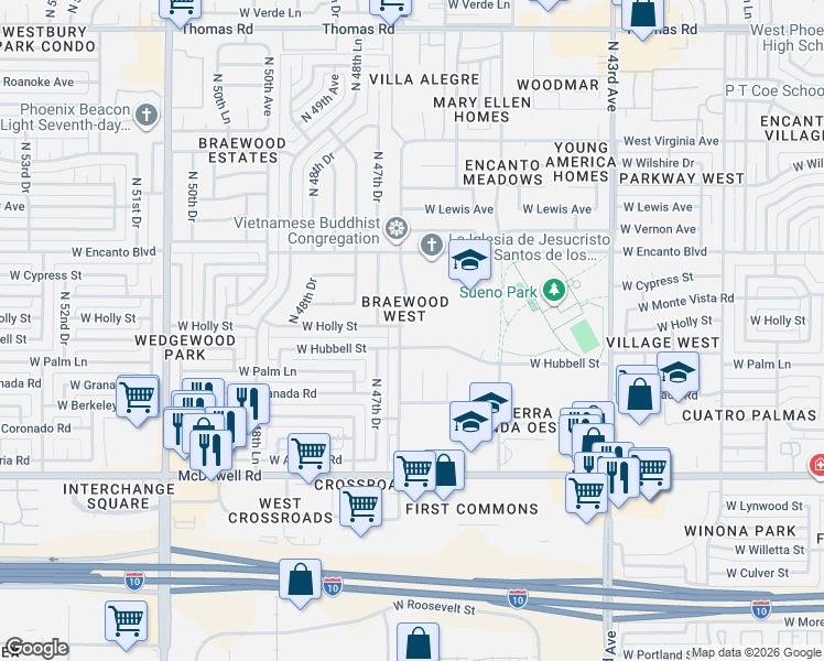 map of restaurants, bars, coffee shops, grocery stores, and more near 2021 North 47th Avenue in Phoenix