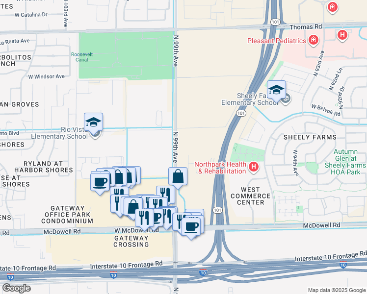 map of restaurants, bars, coffee shops, grocery stores, and more near 2149 North 99th Avenue in Phoenix