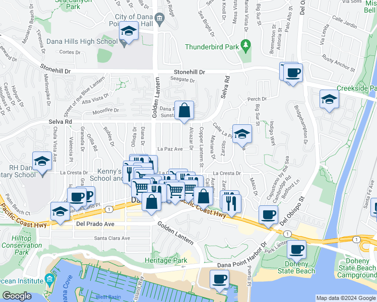 map of restaurants, bars, coffee shops, grocery stores, and more near 33862 Alcazar Drive in Dana Point