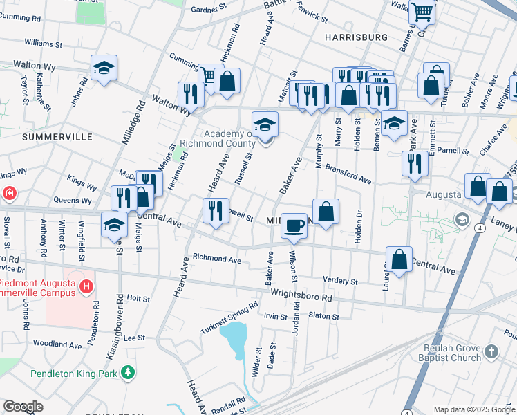 map of restaurants, bars, coffee shops, grocery stores, and more near 1007 Adrian Street in Augusta