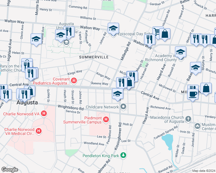 map of restaurants, bars, coffee shops, grocery stores, and more near 1218 Winter Street in Augusta