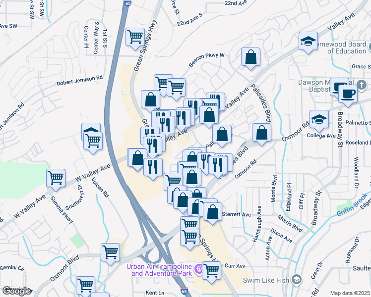 map of restaurants, bars, coffee shops, grocery stores, and more near 314 Beacon Crest Lane in Birmingham