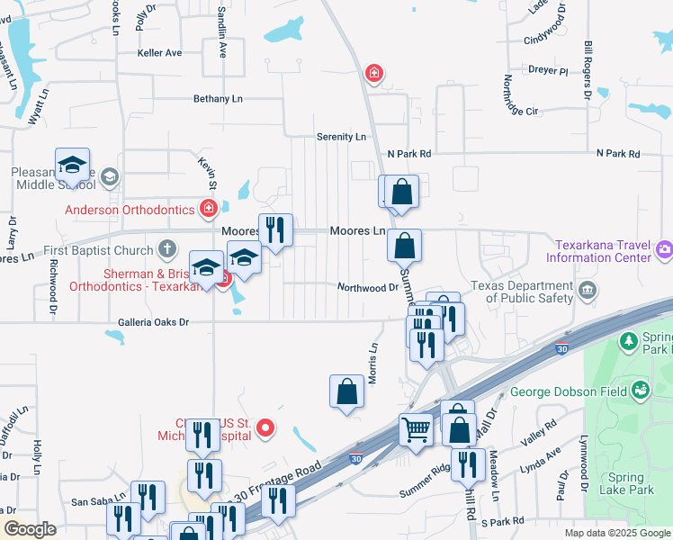 map of restaurants, bars, coffee shops, grocery stores, and more near 19 Fernwood Drive in Texarkana