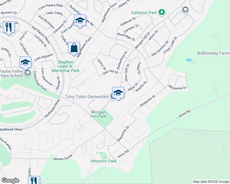 map of restaurants, bars, coffee shops, grocery stores, and more near 33845 Sattui Street in Temecula