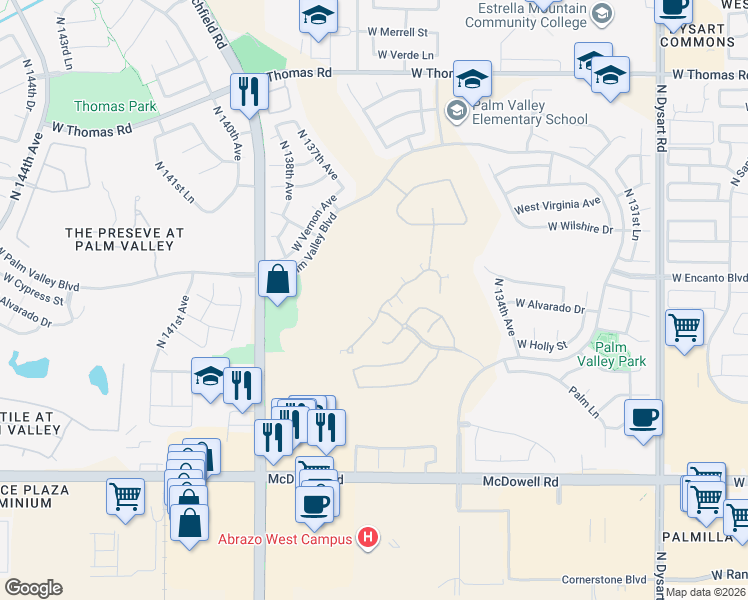 map of restaurants, bars, coffee shops, grocery stores, and more near 13604 West Cypress Street in Goodyear