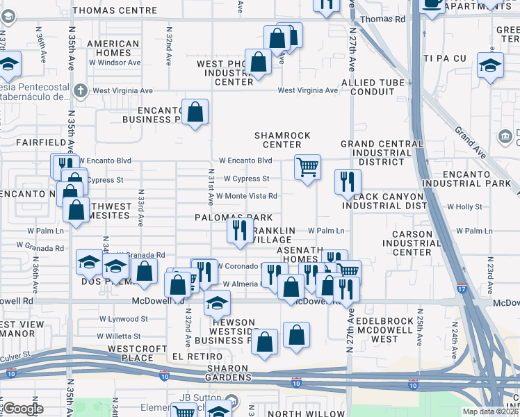 map of restaurants, bars, coffee shops, grocery stores, and more near 2947 West Monte Vista Road in Phoenix