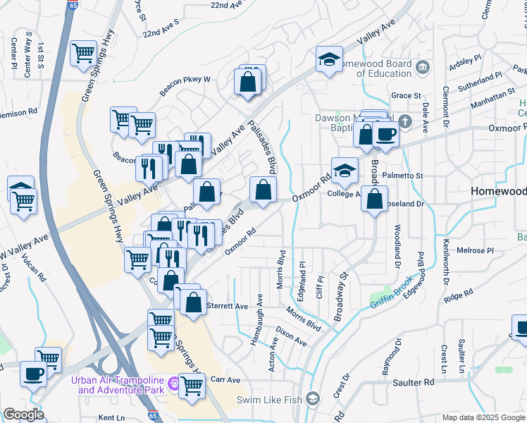 map of restaurants, bars, coffee shops, grocery stores, and more near 625 Palisades Boulevard in Birmingham