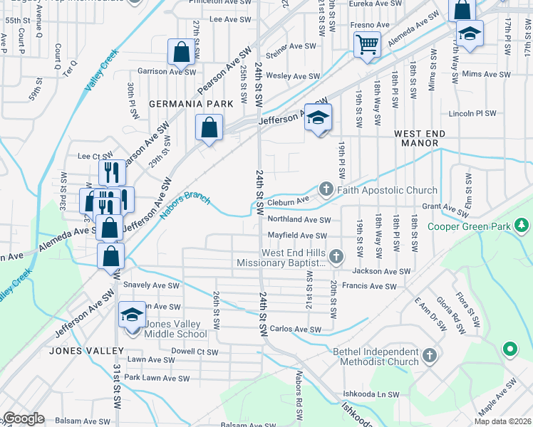 map of restaurants, bars, coffee shops, grocery stores, and more near 2224 Northland Avenue Southwest in Birmingham