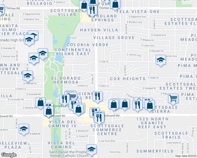 map of restaurants, bars, coffee shops, grocery stores, and more near 8001 East Hubbell Street in Scottsdale