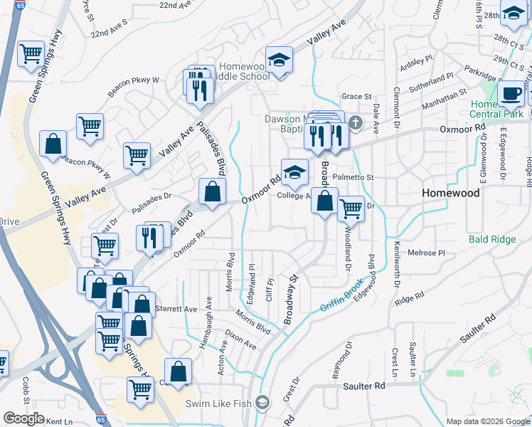 map of restaurants, bars, coffee shops, grocery stores, and more near 107 Havenwood Court in Birmingham