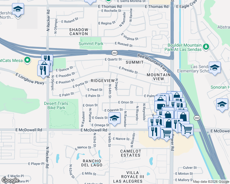 map of restaurants, bars, coffee shops, grocery stores, and more near 6443 East Pearl Street in Mesa