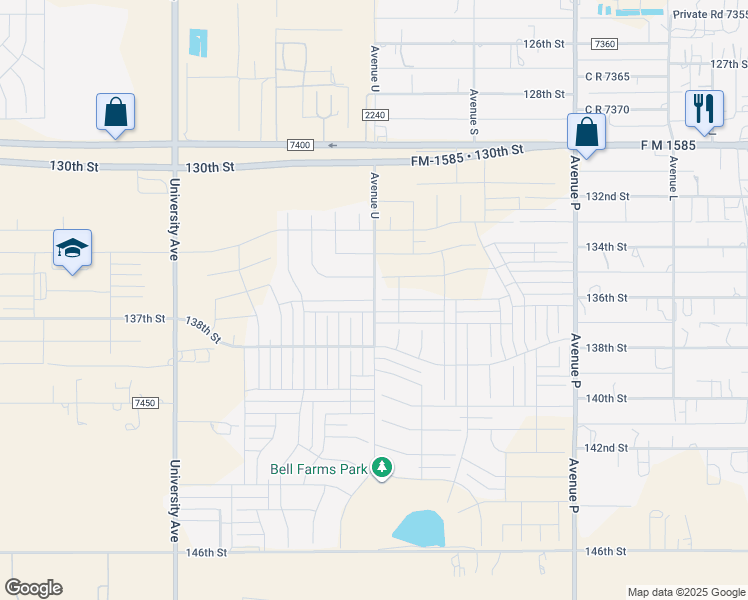 map of restaurants, bars, coffee shops, grocery stores, and more near 136th Street in Lubbock