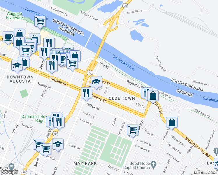 map of restaurants, bars, coffee shops, grocery stores, and more near 206 3rd Street in Augusta