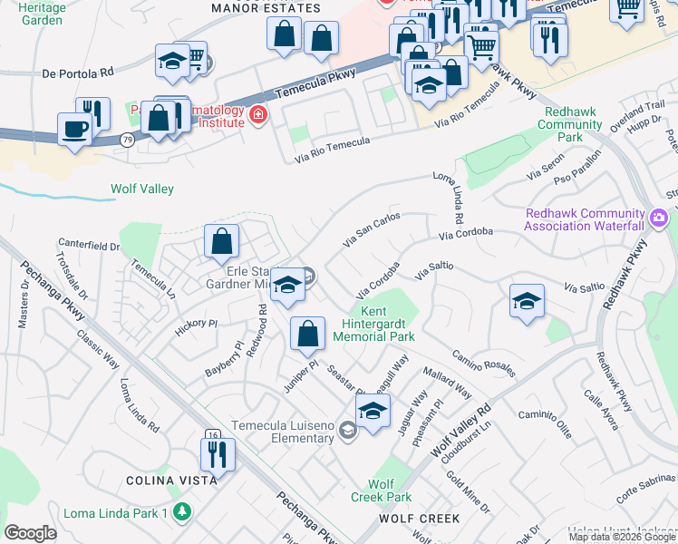 map of restaurants, bars, coffee shops, grocery stores, and more near 45057 Corte Camellia in Temecula