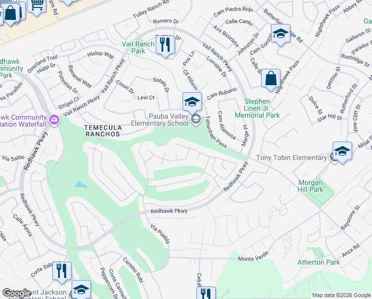 map of restaurants, bars, coffee shops, grocery stores, and more near 33276 Poppy Street in Temecula