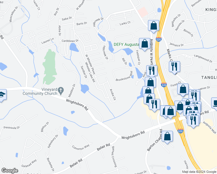 map of restaurants, bars, coffee shops, grocery stores, and more near 5256 Aruba Circle in Augusta