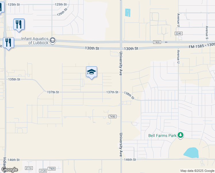 map of restaurants, bars, coffee shops, grocery stores, and more near 13000-13998 University Avenue in Lubbock