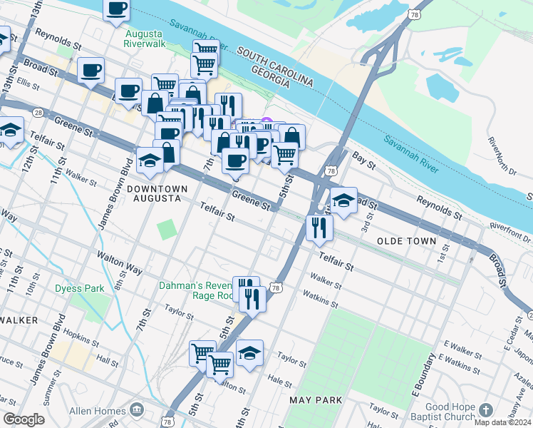 map of restaurants, bars, coffee shops, grocery stores, and more near 510 Greene Street in Augusta