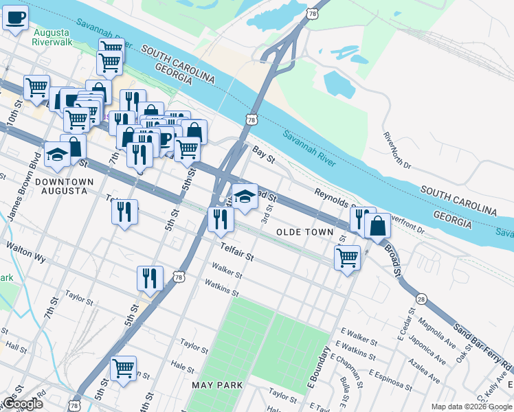 map of restaurants, bars, coffee shops, grocery stores, and more near 321 Ellis Street in Augusta