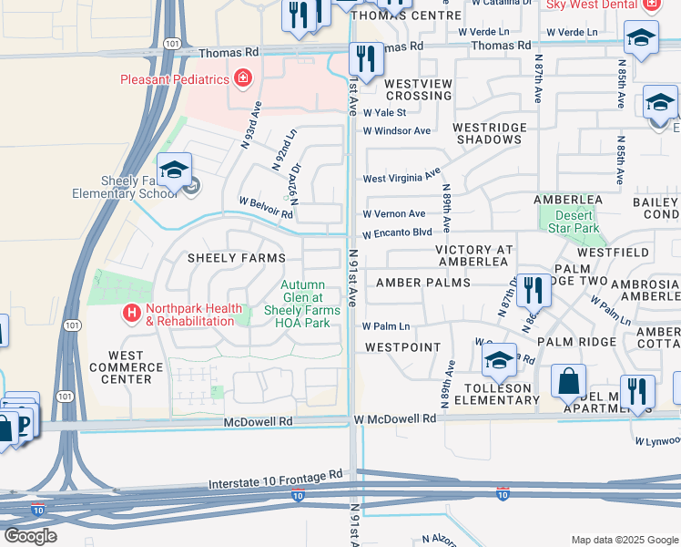 map of restaurants, bars, coffee shops, grocery stores, and more near 9103 West Encanto Boulevard in Phoenix