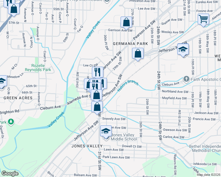 map of restaurants, bars, coffee shops, grocery stores, and more near 3010 Jefferson Avenue Southwest in Birmingham