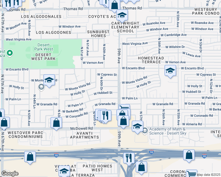 map of restaurants, bars, coffee shops, grocery stores, and more near 5931 West Holly Street in Phoenix