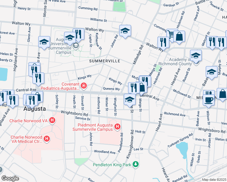 map of restaurants, bars, coffee shops, grocery stores, and more near 2215 Central Avenue in Augusta