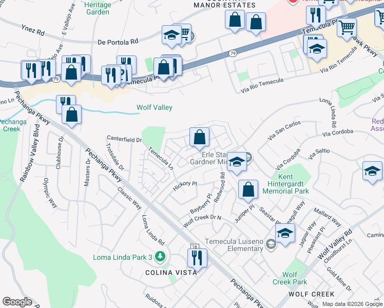 map of restaurants, bars, coffee shops, grocery stores, and more near 31170 Lavender Court in Temecula