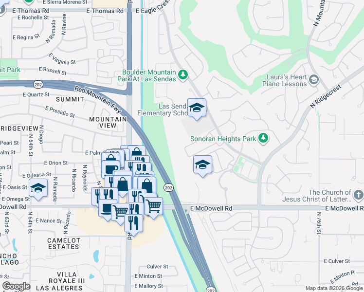 map of restaurants, bars, coffee shops, grocery stores, and more near 6822 East Portia Street in Mesa
