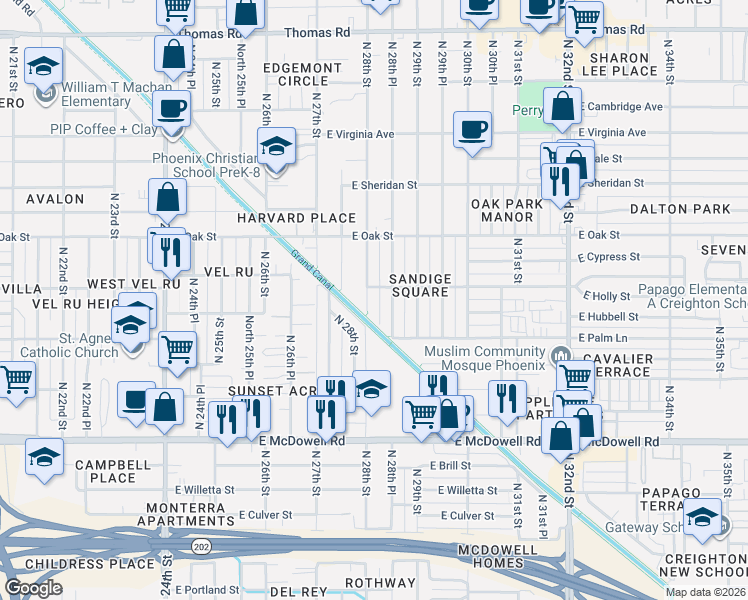 map of restaurants, bars, coffee shops, grocery stores, and more near 2115 North 28th Street in Phoenix