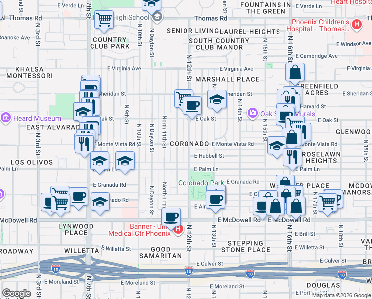 map of restaurants, bars, coffee shops, grocery stores, and more near in Phoenix