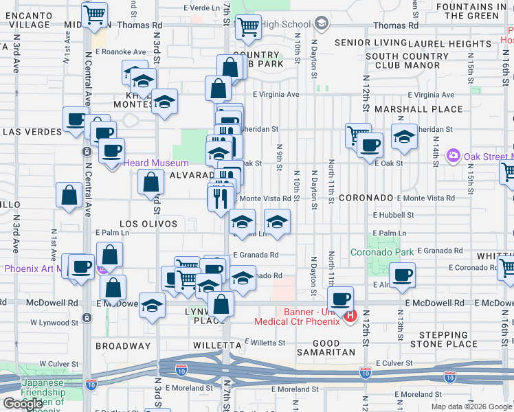 map of restaurants, bars, coffee shops, grocery stores, and more near 2045 North 8th Street in Phoenix