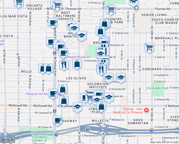 map of restaurants, bars, coffee shops, grocery stores, and more near 341 East Monte Vista Road in Phoenix