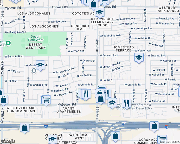 map of restaurants, bars, coffee shops, grocery stores, and more near 5931 West Holly Street in Phoenix