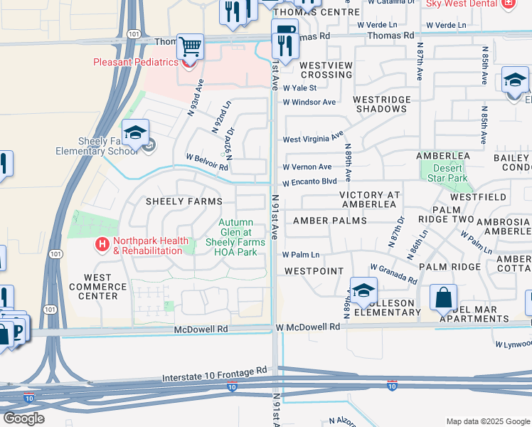 map of restaurants, bars, coffee shops, grocery stores, and more near 9103 West Encanto Boulevard in Phoenix