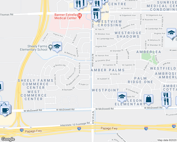 map of restaurants, bars, coffee shops, grocery stores, and more near 9103 West Encanto Boulevard in Phoenix