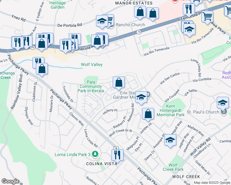 map of restaurants, bars, coffee shops, grocery stores, and more near 31180 Lavender Court in Temecula