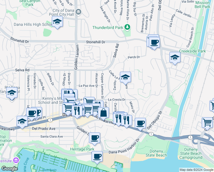 map of restaurants, bars, coffee shops, grocery stores, and more near 33861 Mariana Drive in Dana Point