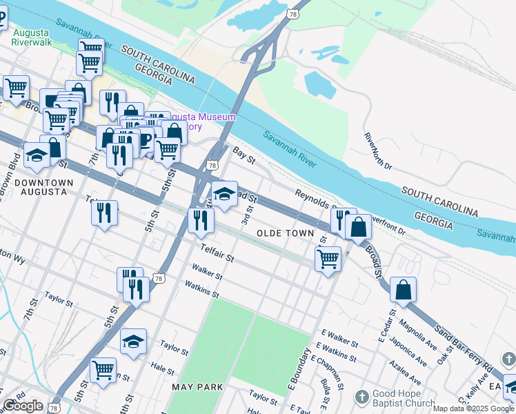 map of restaurants, bars, coffee shops, grocery stores, and more near 202 3rd Street in Augusta