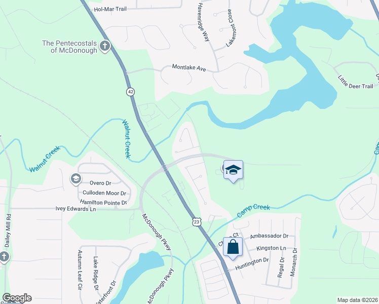 map of restaurants, bars, coffee shops, grocery stores, and more near 225 Swem Court in McDonough