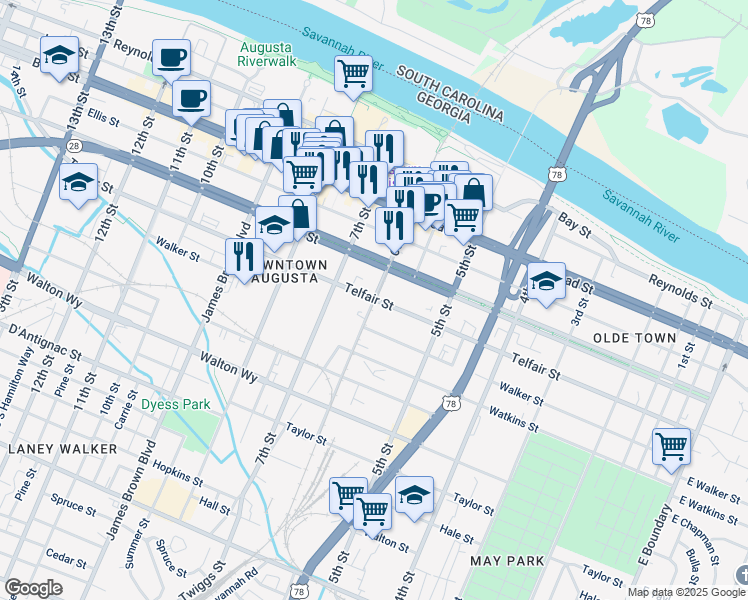 map of restaurants, bars, coffee shops, grocery stores, and more near in Augusta