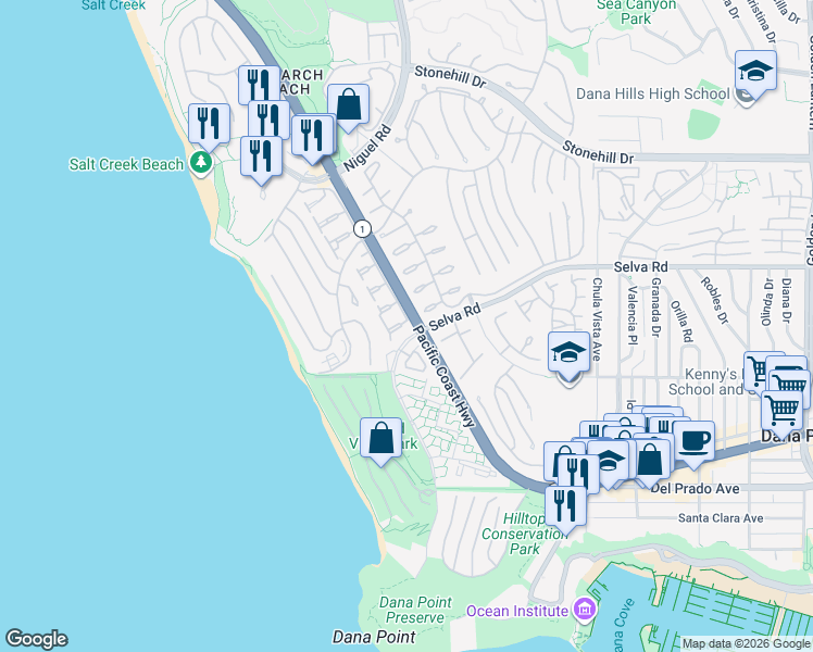 map of restaurants, bars, coffee shops, grocery stores, and more near 23842 Salvador Bay in Dana Point