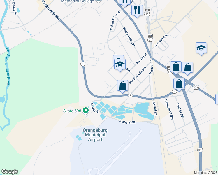 map of restaurants, bars, coffee shops, grocery stores, and more near 498 Murray Road Southwest in Orangeburg